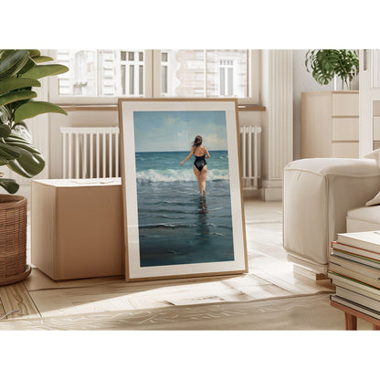 Framed painting of a woman in a black swimsuit walking into the ocean, leaning against a box in a bright, modern living room with plants and books.