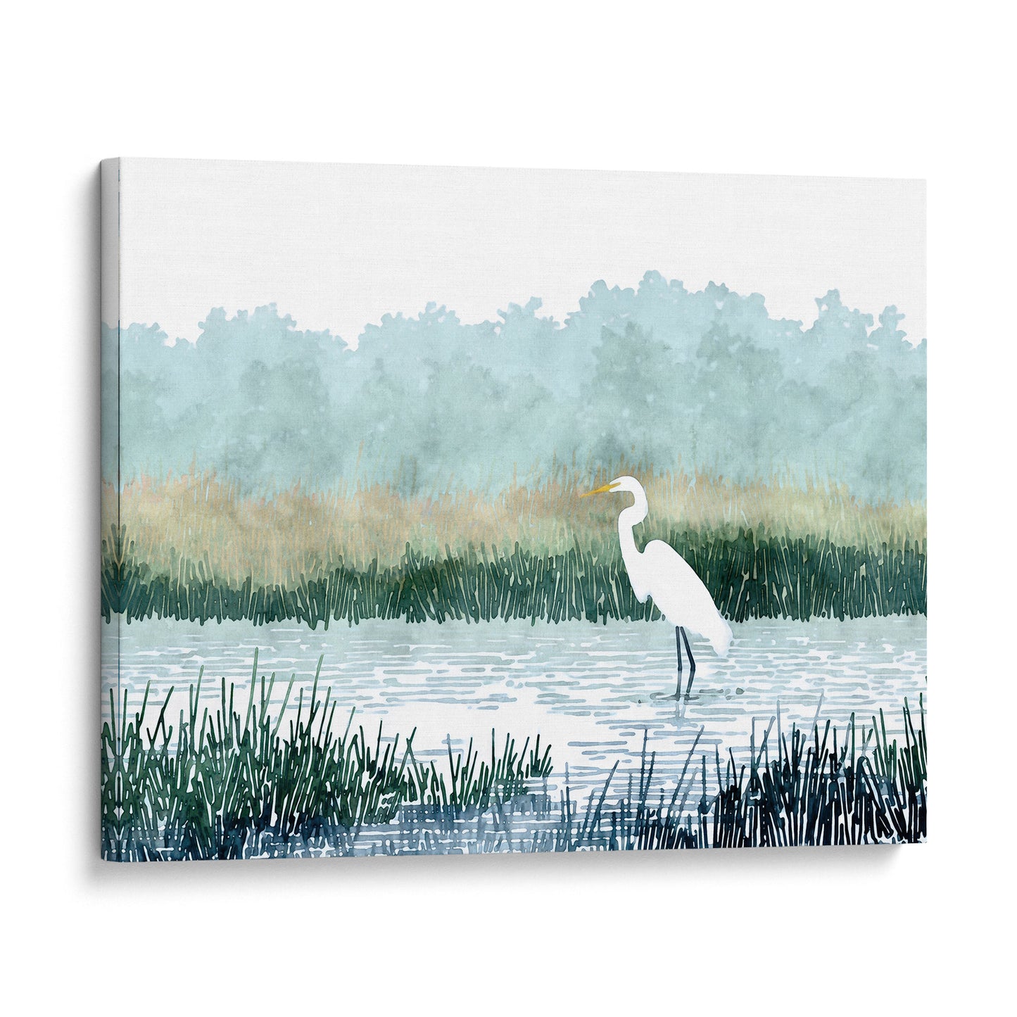 White Egret Wading in a Marsh Watercolor Print
