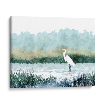 White Egret Wading in a Marsh Watercolor Print