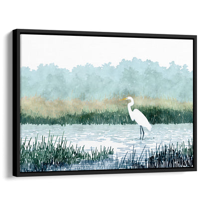 White Egret Wading in a Marsh Watercolor Print