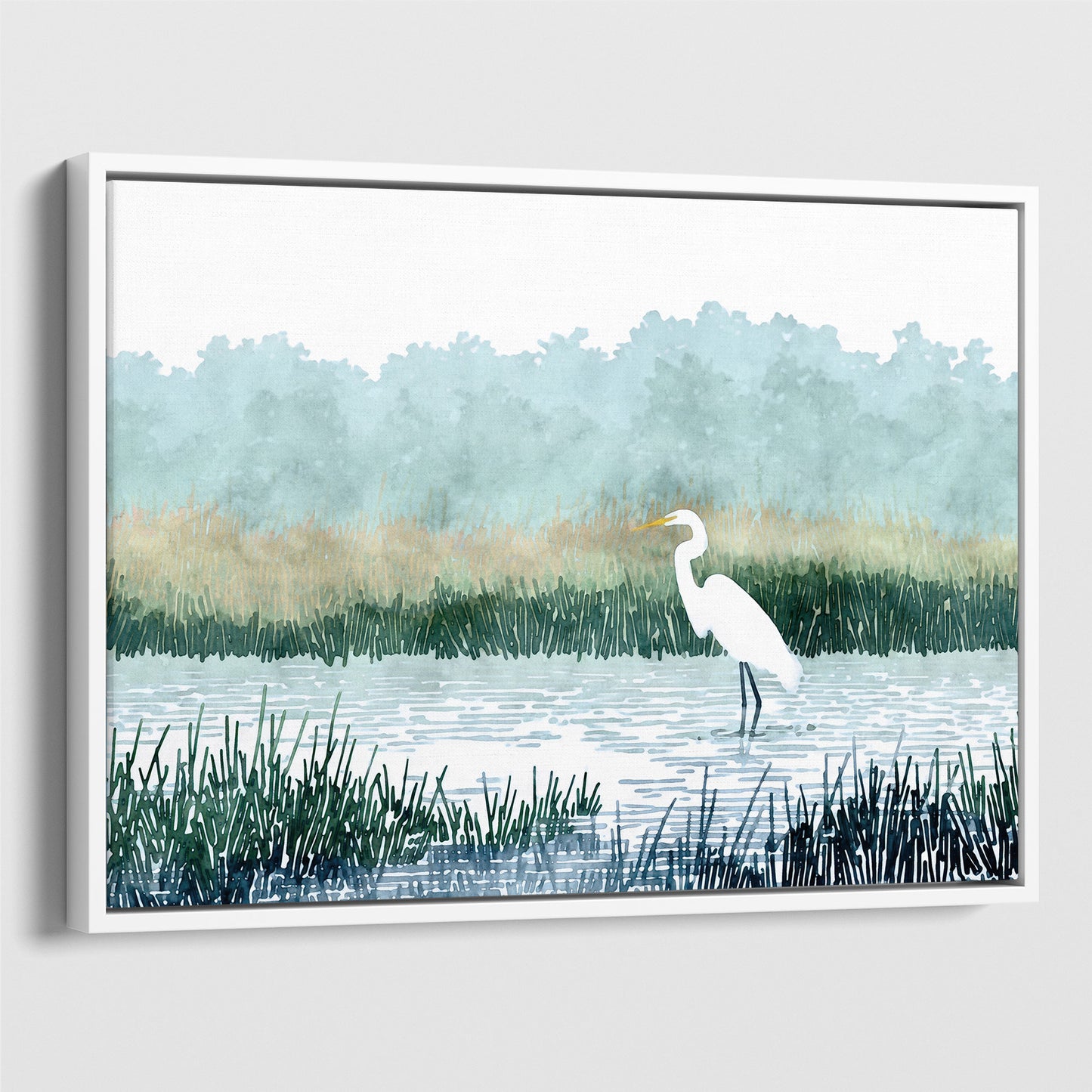 White Egret Wading in a Marsh Watercolor Print