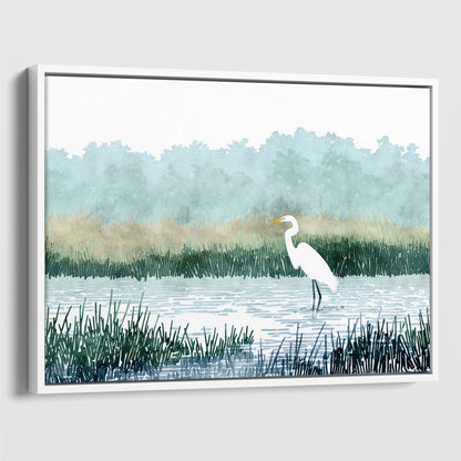 White Egret Wading in a Marsh Watercolor Print