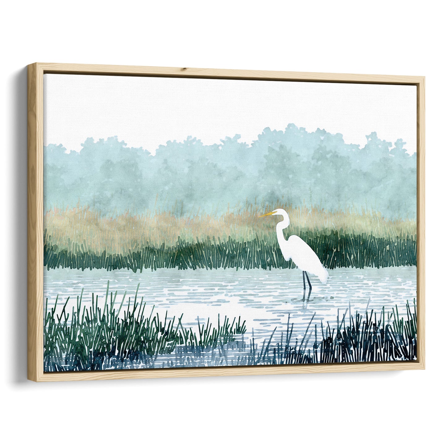 White Egret Wading in a Marsh Watercolor Print