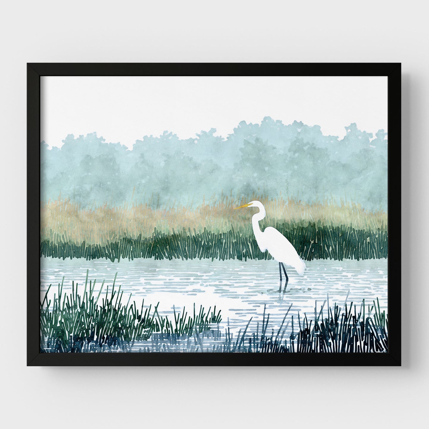 White Egret Wading in a Marsh Watercolor Print