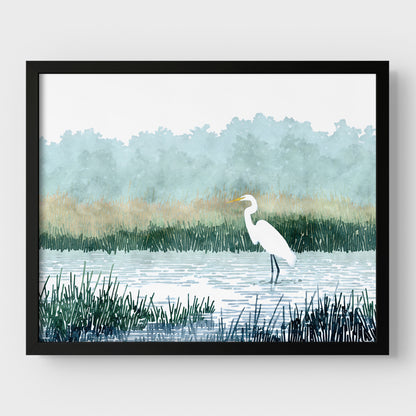 White Egret Wading in a Marsh Watercolor Print