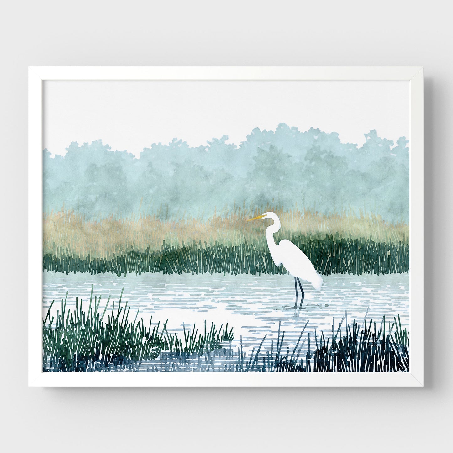 White Egret Wading in a Marsh Watercolor Print