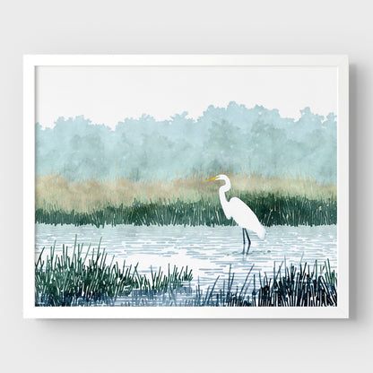 White Egret Wading in a Marsh Watercolor Print
