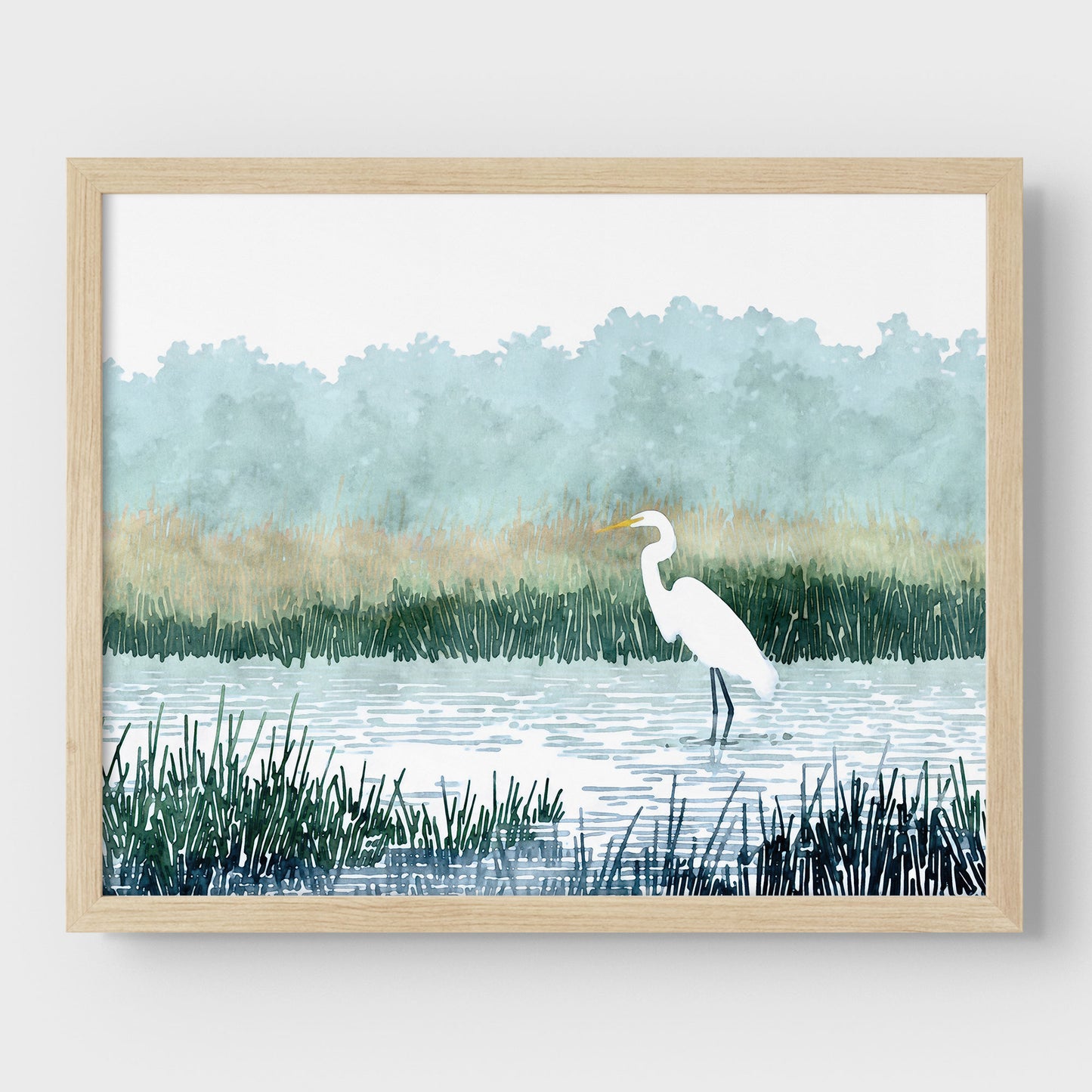White Egret Wading in a Marsh Watercolor Print