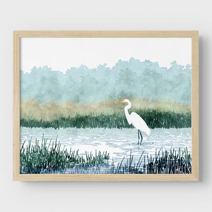 White Egret Wading in a Marsh Watercolor Print