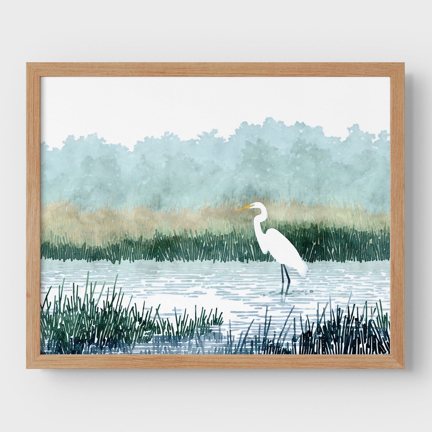 White Egret Wading in a Marsh Watercolor Print