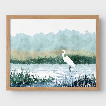 White Egret Wading in a Marsh Watercolor Print