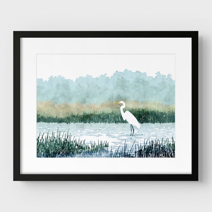White Egret Wading in a Marsh Watercolor Print