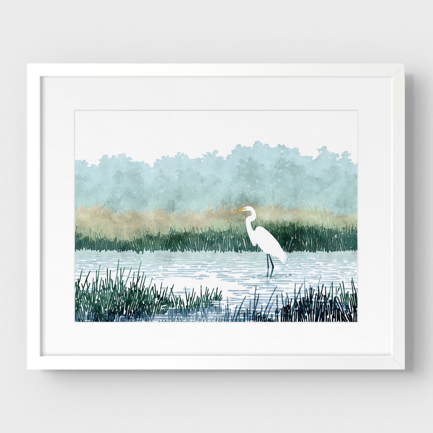 White Egret Wading in a Marsh Watercolor Print
