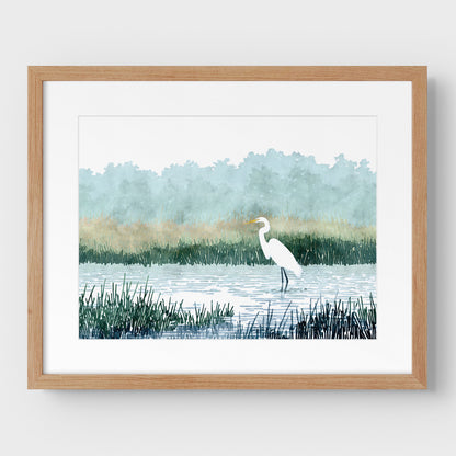 White Egret Wading in a Marsh Watercolor Print
