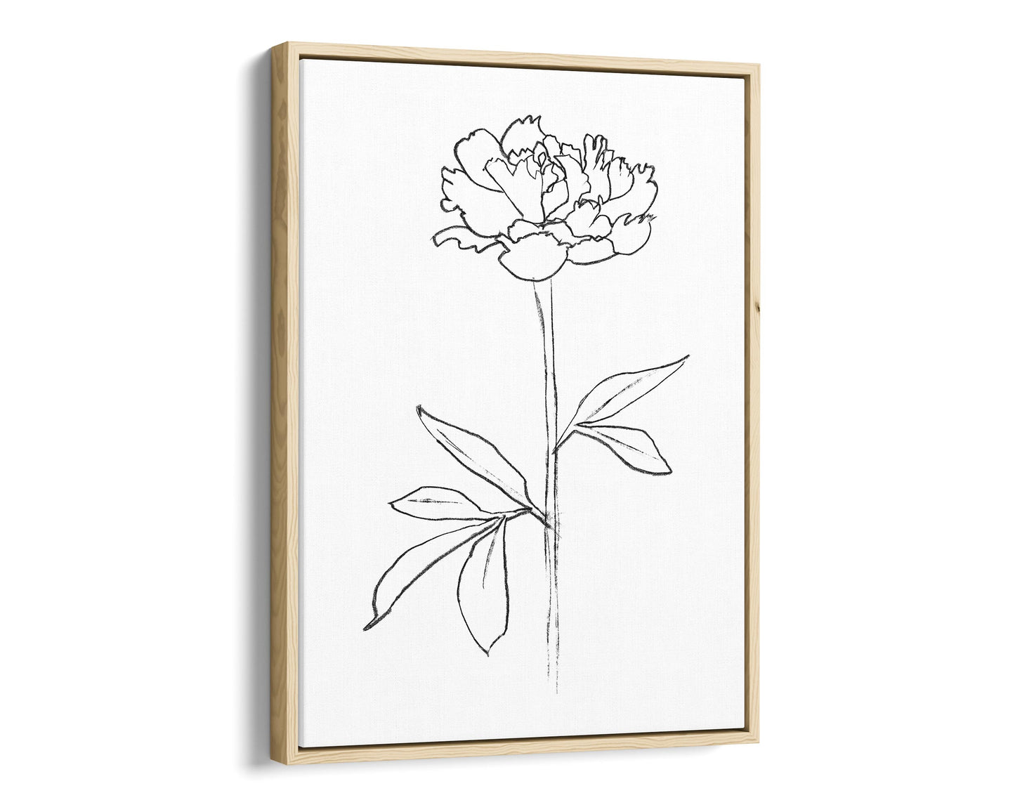 Minimalist black and white line drawing of a peony flower in a natural wood frame, printed on a white canvas background.