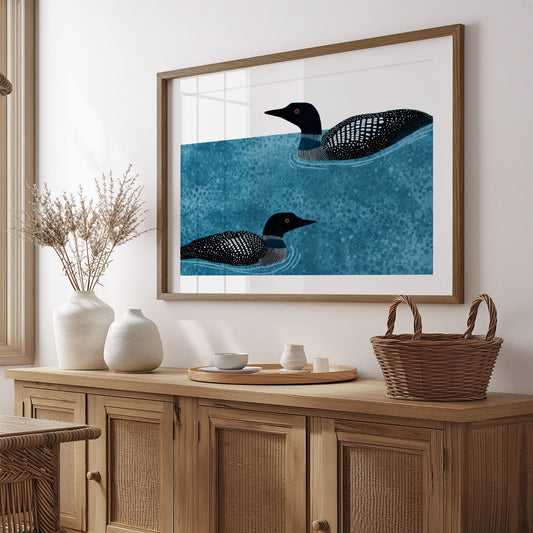 Modern Minimalist Loons Horizontal Watercolor Art Print