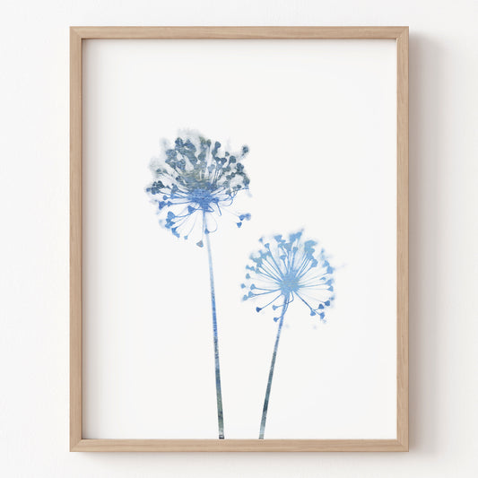 Framed artwork of blue floral design on a white background