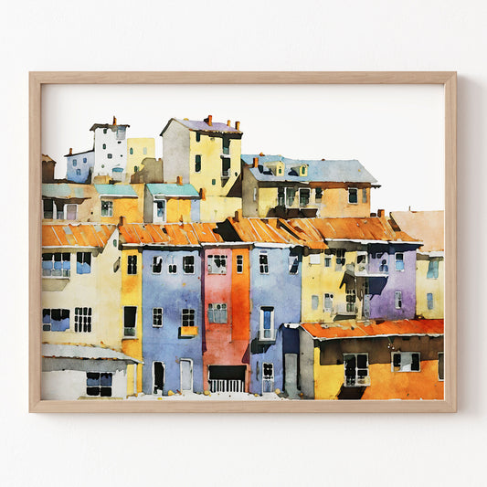 Framed artwork of a colorful village scene on a white wall
