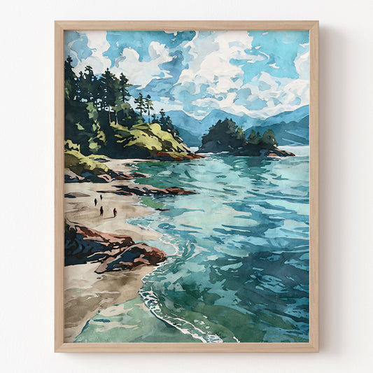 Framed painting of a coastal scene with trees, water, and sky.