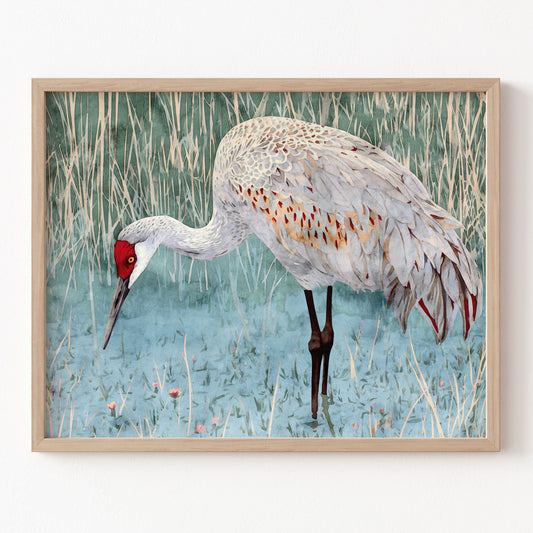 Framed artwork of a crane bird in a natural setting