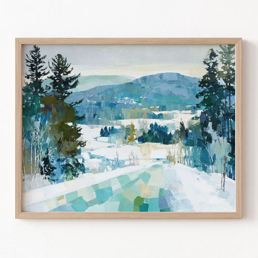 Framed painting of a snowy landscape with trees and mountains