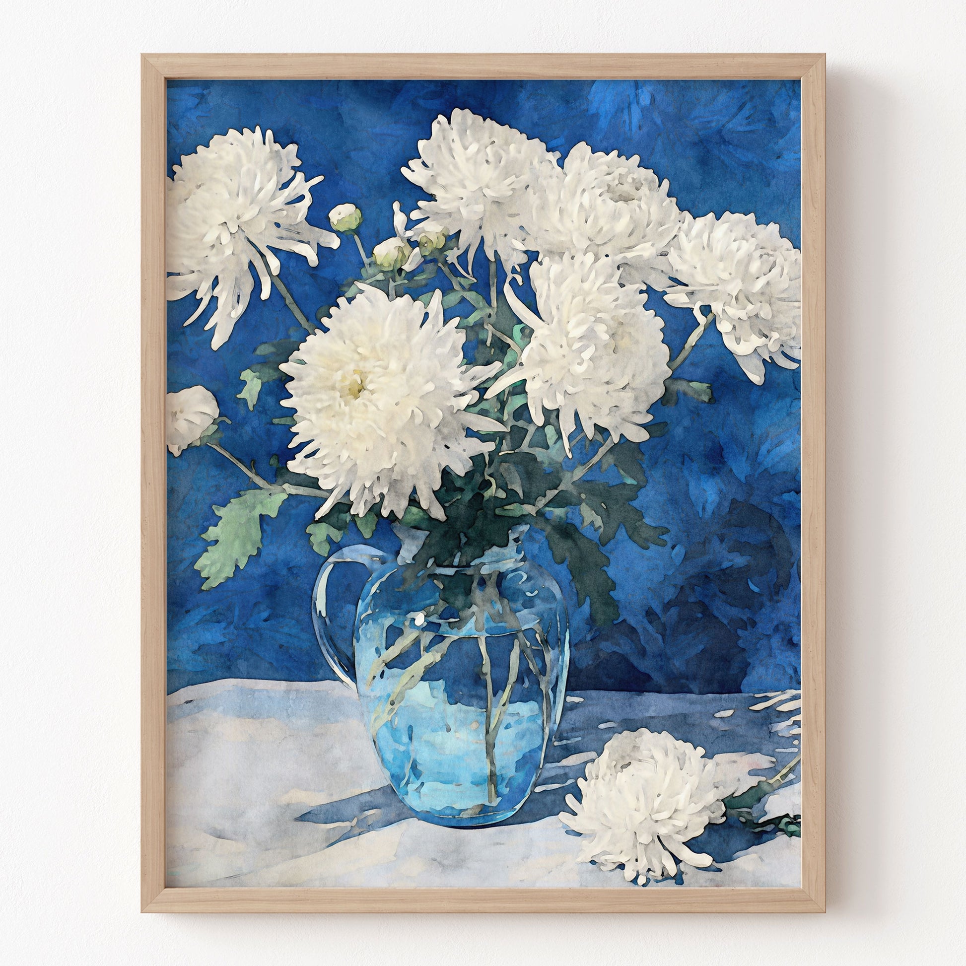 Framed artwork of white flowers in a blue vase against a blue watercolor background.