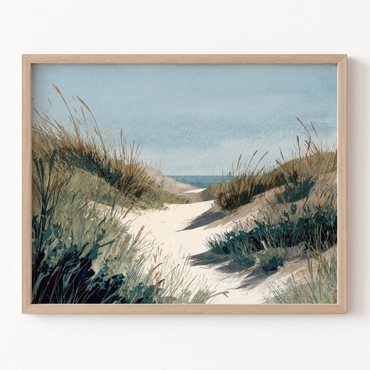 Framed artwork of a beach scene with sand dunes and ocean view.