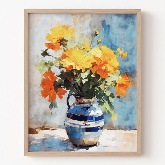 Framed painting of a vase with flowers on a textured background