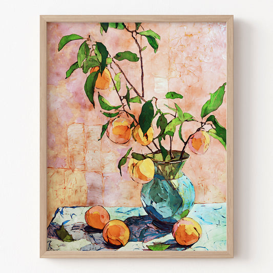 Framed artwork of a still life with peaches and leaves on a textured wall.