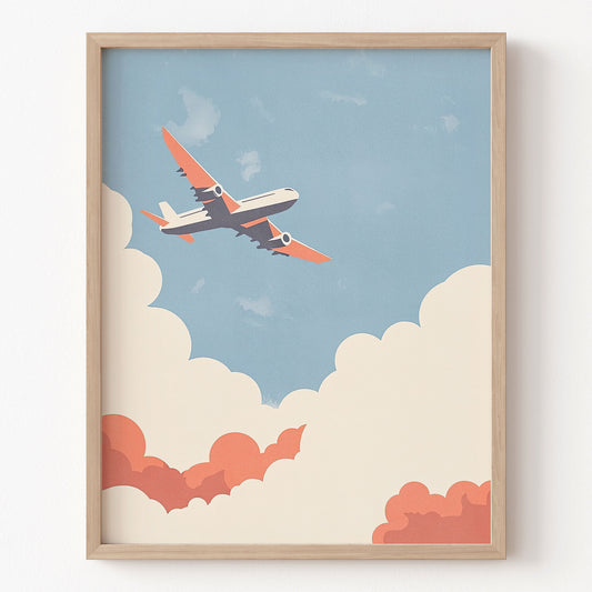 Framed artwork of an airplane flying above clouds on a blue sky background