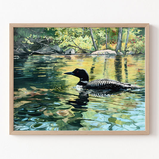 Framed painting of a duck swimming in a lake with trees in the background