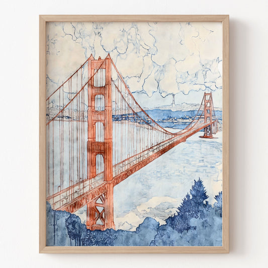 Framed artwork of the Golden Gate Bridge with a watercolor style.