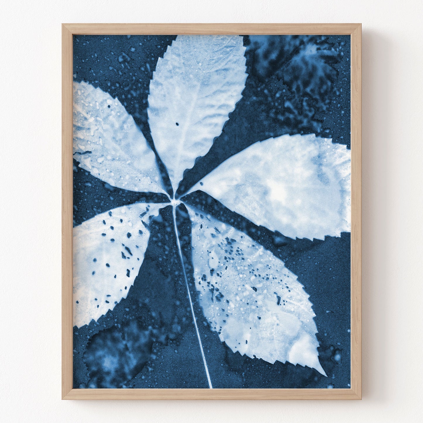 Framed artwork of a leaf with a blue and white color scheme on a white wall.