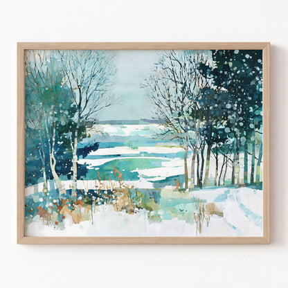 Framed winter landscape painting with trees and a lake.