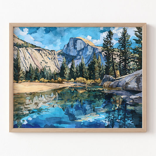 Framed painting of a mountain landscape with a lake and trees.