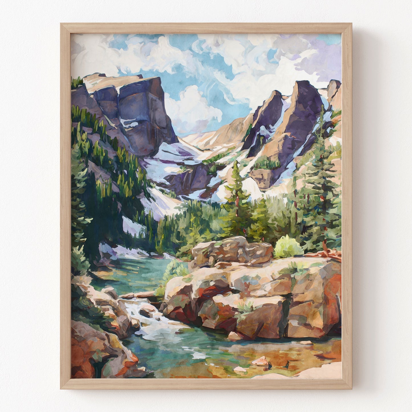 Framed painting of a mountain landscape with a river and trees.