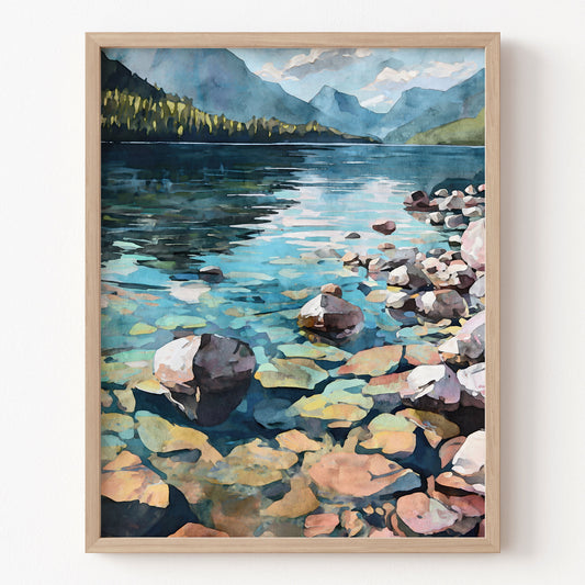 Framed painting of a lake with rocks and mountains