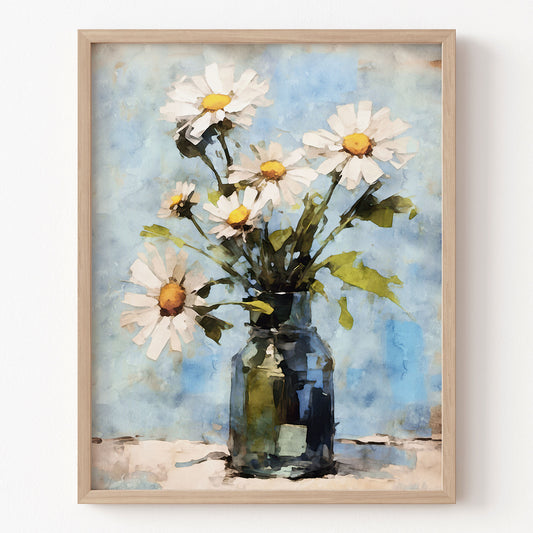 Framed artwork of daisies in a vase against a watercolor background