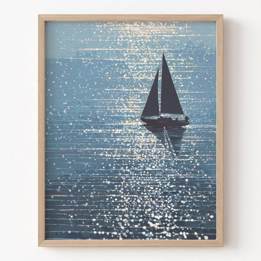 Framed artwork of a sailboat on a blue textured background