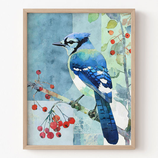 Framed artwork of a blue jay bird with red berries on a light blue background