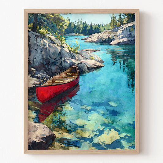 Framed painting of a red canoe on a lake with rocks and trees.