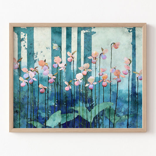 Framed artwork of flowers and trees on a blue and green background