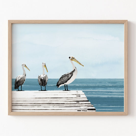 Framed artwork of three pelicans on a dock with ocean view