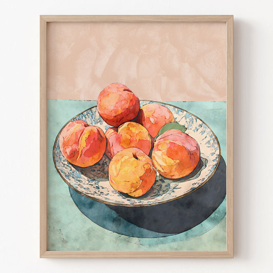 Framed artwork of peaches on a plate with a watercolor background