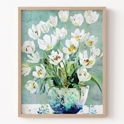 Framed artwork of white tulips in a vase on a textured green background