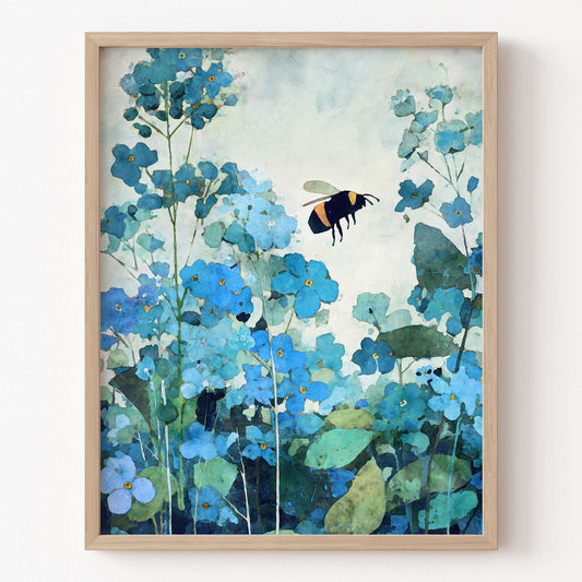 Framed artwork of blue flowers and a bee on a light background
