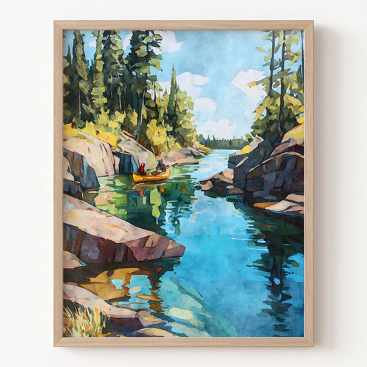 Framed painting of a kayaker on a river surrounded by trees and rocks.