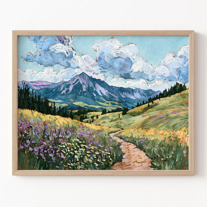 Framed painting of a mountain landscape with a path and flowers.