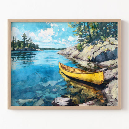 Framed painting of a yellow canoe on a lake with rocky shores and trees.