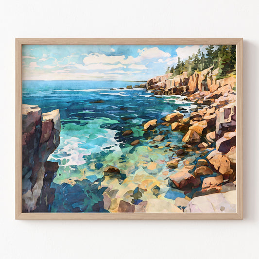 Framed painting of a coastal scene with rocky shoreline and clear blue water.